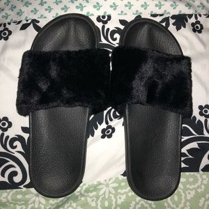 Black fuzzy slides